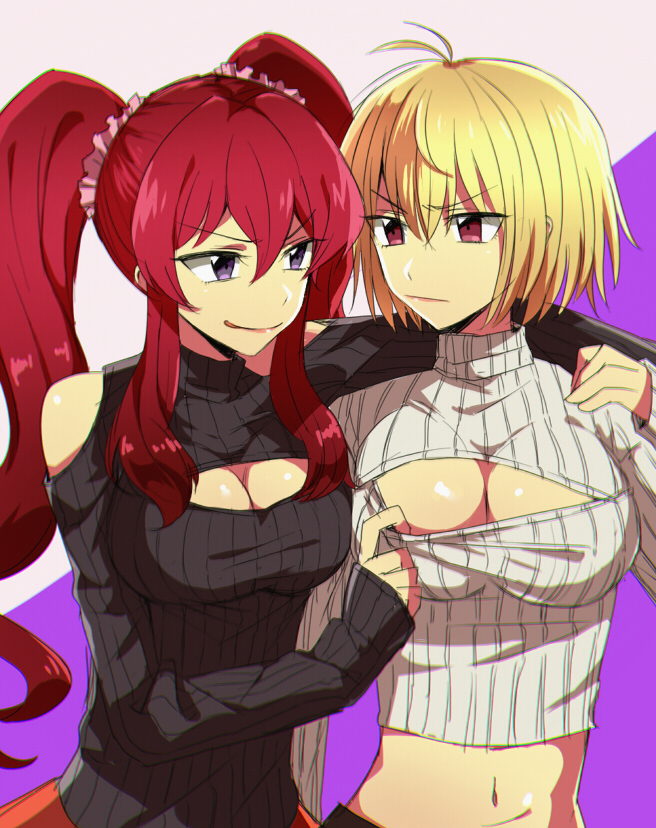 2girls angelise_ikaruga_misurugi art artist_request babe big_breasts blonde_hair breasts cleavage cleavage_cutout clothes_pull cross_ange cutout eye_contact hair hair_between_eyes hilda_(cross_ange) hug hugging large_breasts long_hair long_sleeves looking_at_another midriff multiple_girls naughty_face navel open-chest_sweater piiman_(mpkmpkmpk) pink_background pulling purple_background purple_eyes red_eyes red_hair redhead ribbed_sweater serious short_hair shoulder_cutout smile sweater turtleneck twintails two-tone_background upper_body yuri