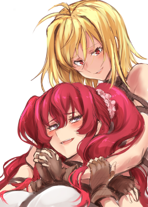 2girls :d ahoge angelise_ikaruga_misurugi arm arm_grab arms art blonde blonde_hair blush brown_gloves cross_ange fingerless_gloves from_behind gloves hair hair_between_eyes hand_holding hilda_(cross_ange) hug hug_from_behind hugging interlocked_fingers long_hair looking_at_another looking_down love multiple_girls mutual_yuri open_mouth purple_eyes red_eyes red_hair redhead scrunchie short_hair simple_background smile tears twintails ulrich_(tagaragakuin) uniform white_background yuri
