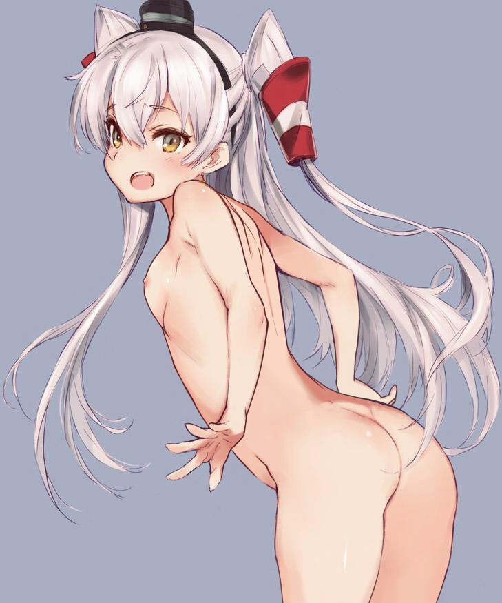 1girl 1girl 1girl amatsukaze_(kantai_collection) ass breasts completely_nude gloves hat kantai_collection kawata_hisashi long_hair looking_at_viewer nipples nude nude_filter open_mouth pettanko photoshop sideboob silver_hair simple_background small_breasts stockings teeth tied_hair twin_tails two_side_up white_gloves yellow_eyes