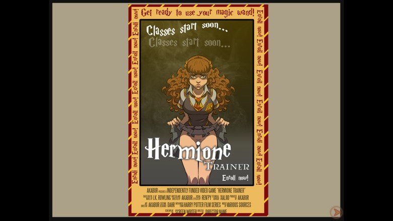 1girl akabur breasts brown_hair character_name english_text hair harry_potter hermione_granger text witch_trainer