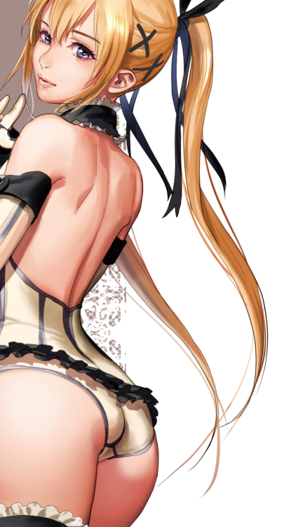 1girl ass bare_back bare_shoulders black_legwear blonde_hair blue_eyes collar dead_or_alive dead_or_alive_5 frills from_behind gloves hair_ornament hairclip jawaco lips looking_back marie_rose simple_background solo thighs twintails