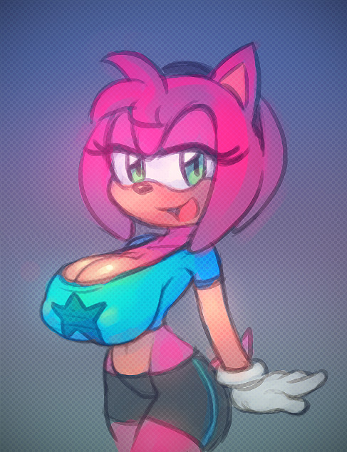 1girl amy_rose animal_ears big_breasts breasts furry gloves green_eyes hair looking_at_viewer nitro pink_hair short_hair smile sonic_(series) tail