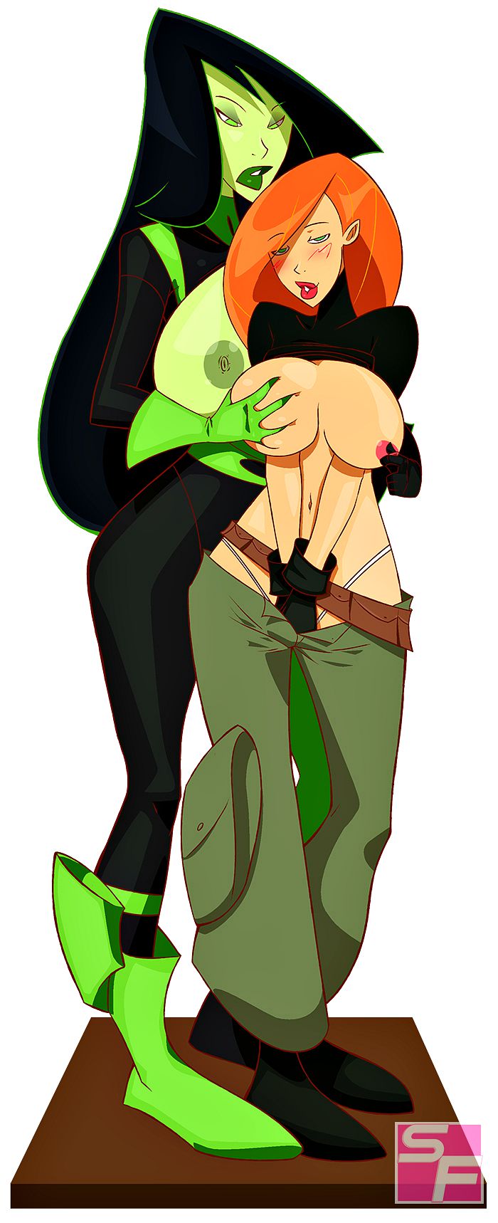 2girls breasts female female_only groping huge_breasts kim_possible kimberly_ann_possible large_breasts nipples shego size_difference yuri