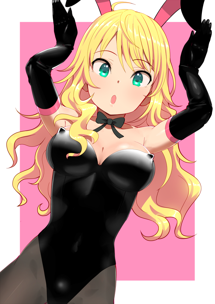 1girl ahoge animal_ears blonde_hair breasts bunny_ears bunny_pose bunnysuit green_eyes hoshii_miki idolmaster long_hair open_mouth pantyhose pettan_p simple_background solo