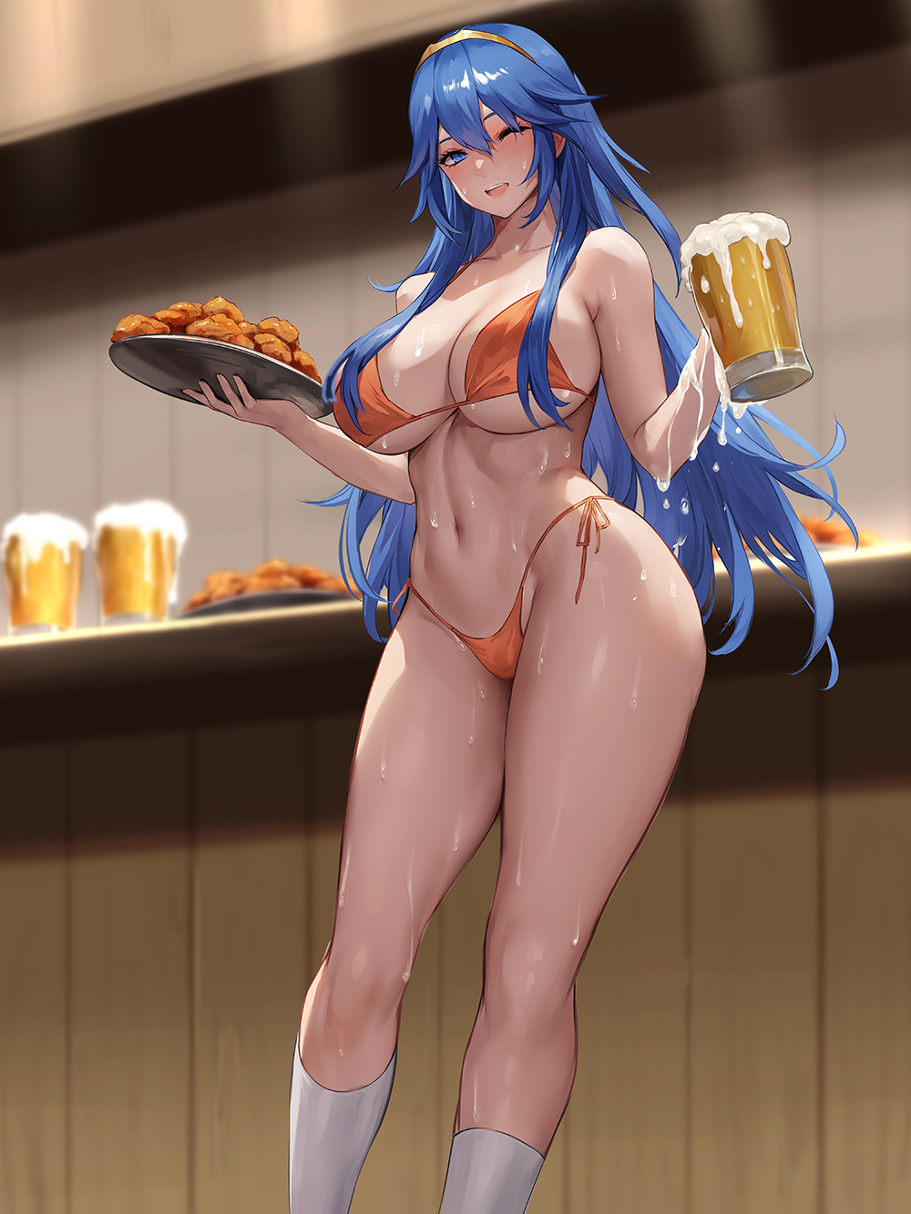 1girl :d alluring alternate_breast_size alternate_costume beer_mug big_breasts bikini blue_eyes blue_hair breasts chihunhentai cup female_only fire_emblem fire_emblem_awakening food hairband high_res holding holding_cup holding_plate hooters long_hair looking_at_viewer lucina lucina_(fire_emblem) mug nintendo open_mouth orange_bikini orange_swimsuit plate root_beer side-tie_bikini_bottom smile standing sweat swimsuit thighs waitress yellow_hairband
