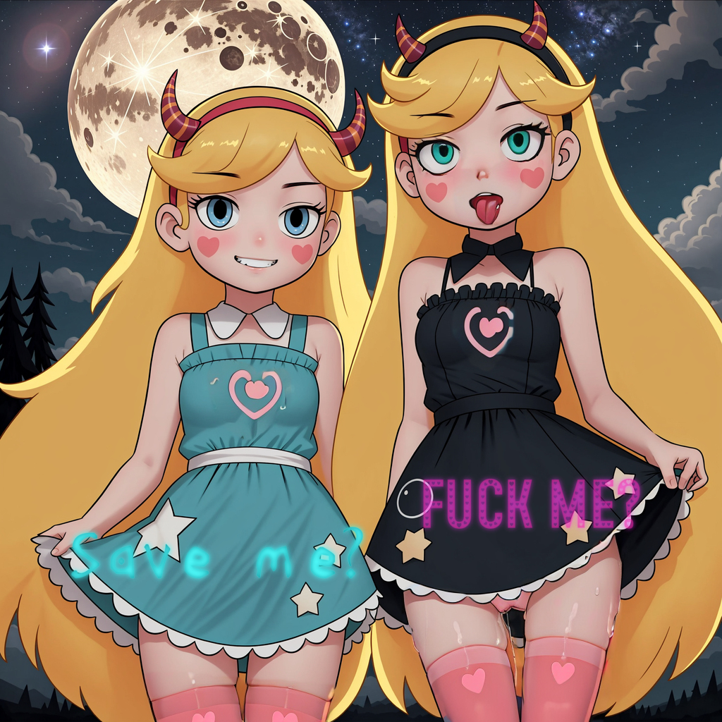 2_girls ahe_gao ai_generated aqua_dress black_dress blonde_hair blue_eyes disney fake_horns full_moon looking_at_viewer meikerai3d night night_sky pantyhose pussy_juice smile stable_diffusion star_butterfly star_vs_the_forces_of_evil tongue_out younger_female