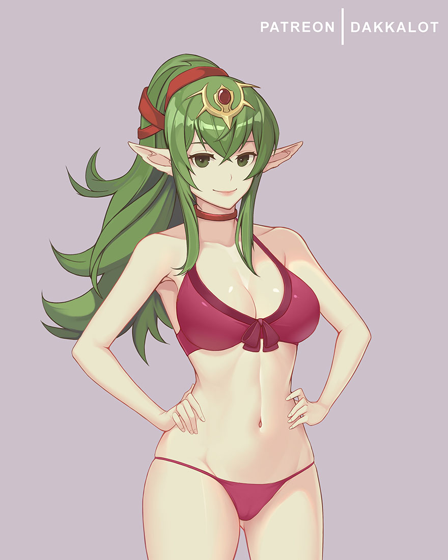 1girl 1girl alluring artist_name bare_arms bare_shoulders big_breasts bikini breasts choker cleavage closed_mouth collarbone cowboy_shot dakkalot fire_emblem fire_emblem_heroes gluteal_fold green_eyes green_hair hands_on_own_hips headpiece high_ponytail navel nintendo pink_lips pointy_ears purple_background purple_bikini red_choker sidelocks simple_background skindentation smile stomach swimsuit tiki_(adult)_(fire_emblem) tiki_(adult)_(summer)_(fire_emblem) tiki_(fire_emblem)