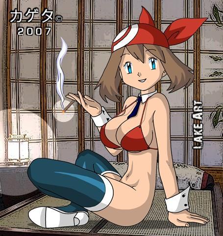 1girl 2007 arm arm_support arms art babe bandana bandanna bare_arms bare_shoulders big_breasts bottomless cigarette detached_collar hair haruka_(pokemon) high_heel_boots high_heels holding_cigarette indoors kageta lake_art lamp legs legs_crossed light looking_at_viewer may naked_from_the_waist_down navel necktie nintendo no_panties parted_lips pokemon pokemon_(anime) pokemon_(game) pokemon_rse red_bandana red_bandanna short_hair sitting smile smoke smoking swimsuit tatami tatami_mat thigh_boots wall wrist_cuffs