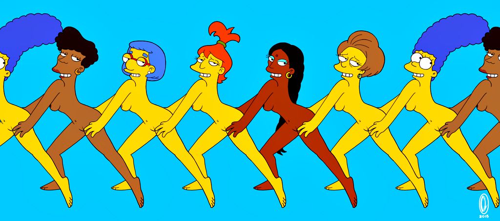 blue_background breasts edna_krabappel marge_simpson nipples nude pussy the_simpsons yellow_skin
