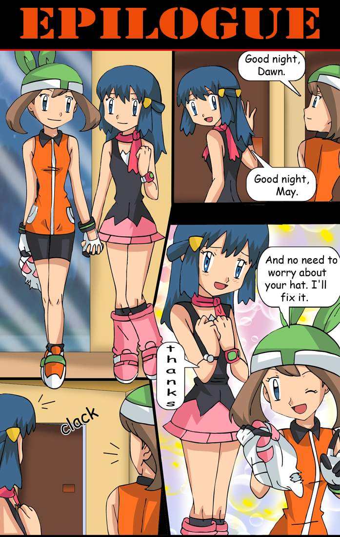2girls :d ;d arm arms art bandana bandanna bare_arms bare_legs bare_shoulders beanie bike_shorts black_clothes blue_eyes blue_hair blush brown_hair clenched_hand clenched_hands collared_shirt comic dawn door english eye_contact full_body gloves hair hair_ornament hand_holding hands happy haruka_(pokemon) haruka_(pokemon_emerald) hat hat_removed headgear hikari_(pokemon) hikariangelove hikariangelove_(artist) legs legs_together long_hair looking_at_another looking_at_viewer looking_back love may multiple_girls mutual_yuri nintendo one_eye_closed open_mouth orange_clothes pink_skirt pokemon pokemon_(anime) poketch scarf shirt short_hair shorts skirt sleeveless sleeveless_shirt smile speech_bubble standing talking torn_hat upper_body v watch wink yuri