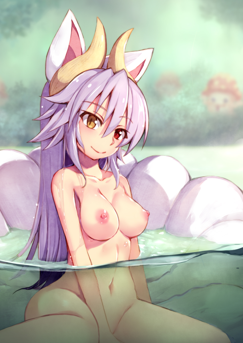 1girl 1girl 1girl animal_ears blurry blurry_background breasts clavicle closed_mouth completely_nude forest fox_tail heterochromia high_resolution horns kitsunemimi kuon_(shinrabanshou) kyuubi long_hair looking_at_viewer medium_breasts multiple_tails nature navel nude outside partially_underwater_shot purple_hair saru_000 shinrabanshou smile tail