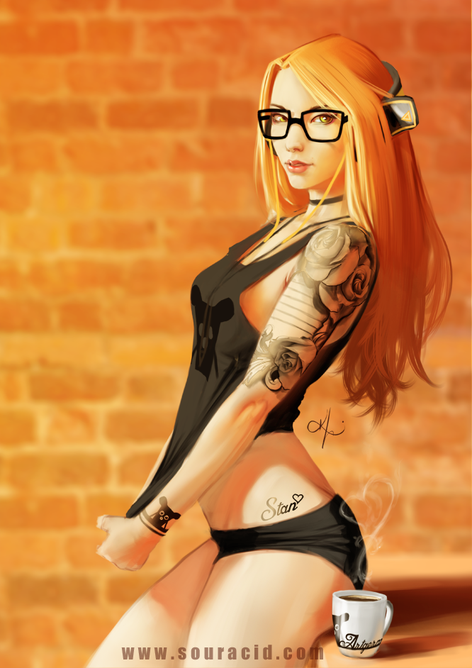 1girl breasts brick_wall choker coffee coffee_cup from_side glasses headphones karl_liversidge lips long_hair looking_at_viewer nose orange_hair pepper_project shirt_pull shirt_tug short_shorts shorts solo souracid_(artist) tank_top tattoo watermark web_address