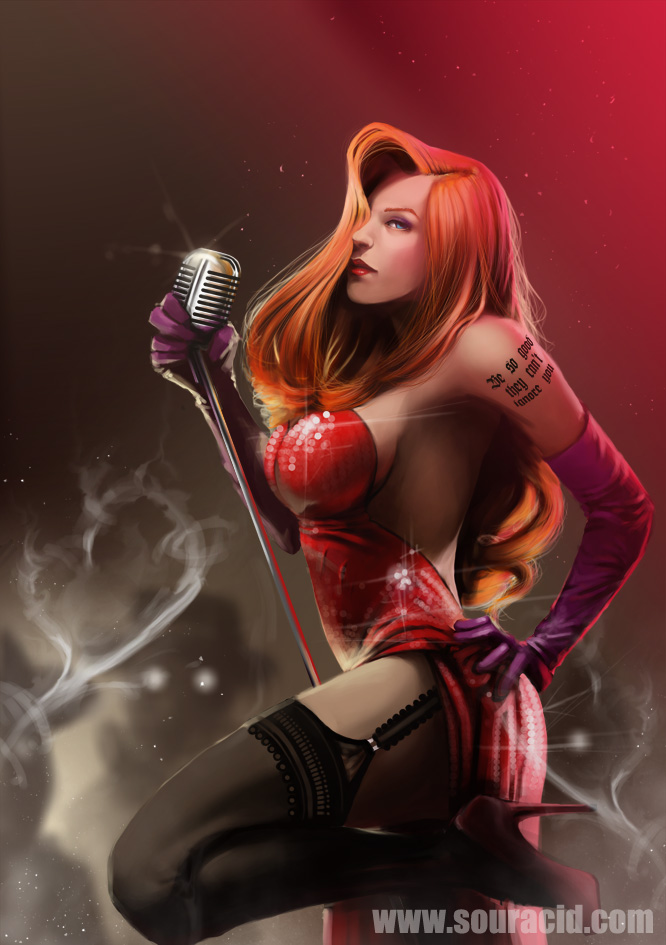 blue_eyes elbow_gloves jessica_rabbit microphone red_hair souracid_(artist) tattoo who_framed_roger_rabbit