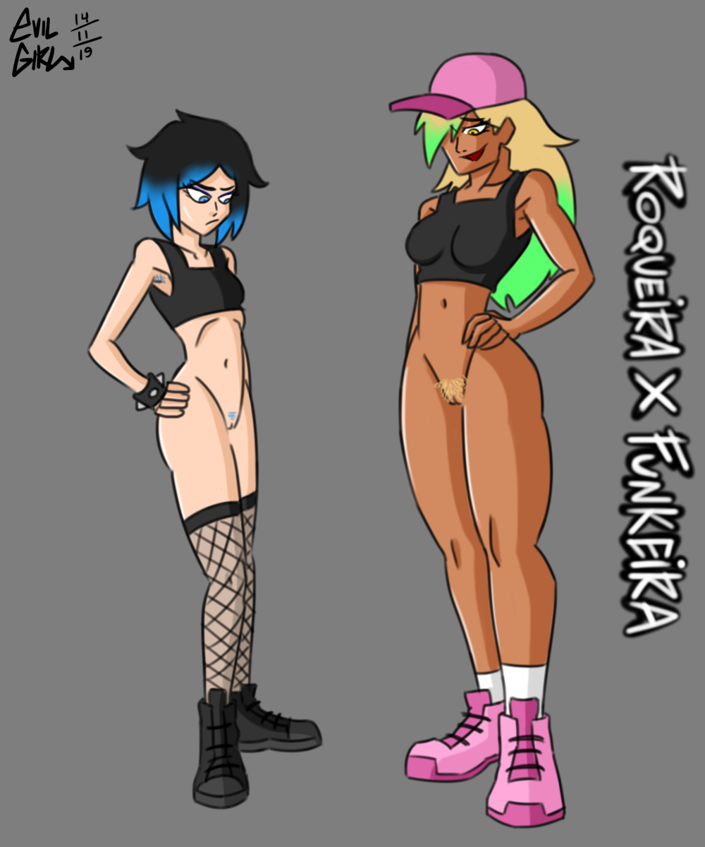 1girl 2020 2_girls black_hair blonde_hair blue_eyes blue_hair body_difference brazil brazilian comparing comparison evilgirl female_only female_pubic_hair green_hair grey_background grin hat long_hair luna_(evilgirl) nathalia_(evilgirl) original original_characters pubic_hair pussy serious short_hair smile standing tank_top yellow_eyes yellow_hair