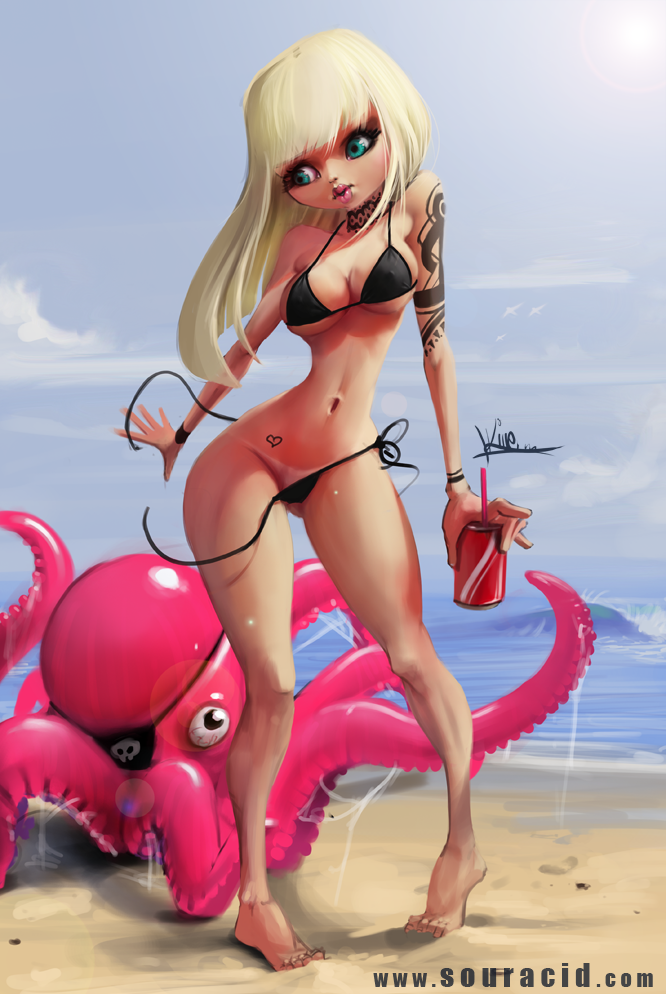 beach bikini blonde_hair souracid_(artist) tan_line tattoo tentacle wardrobe_malfunction