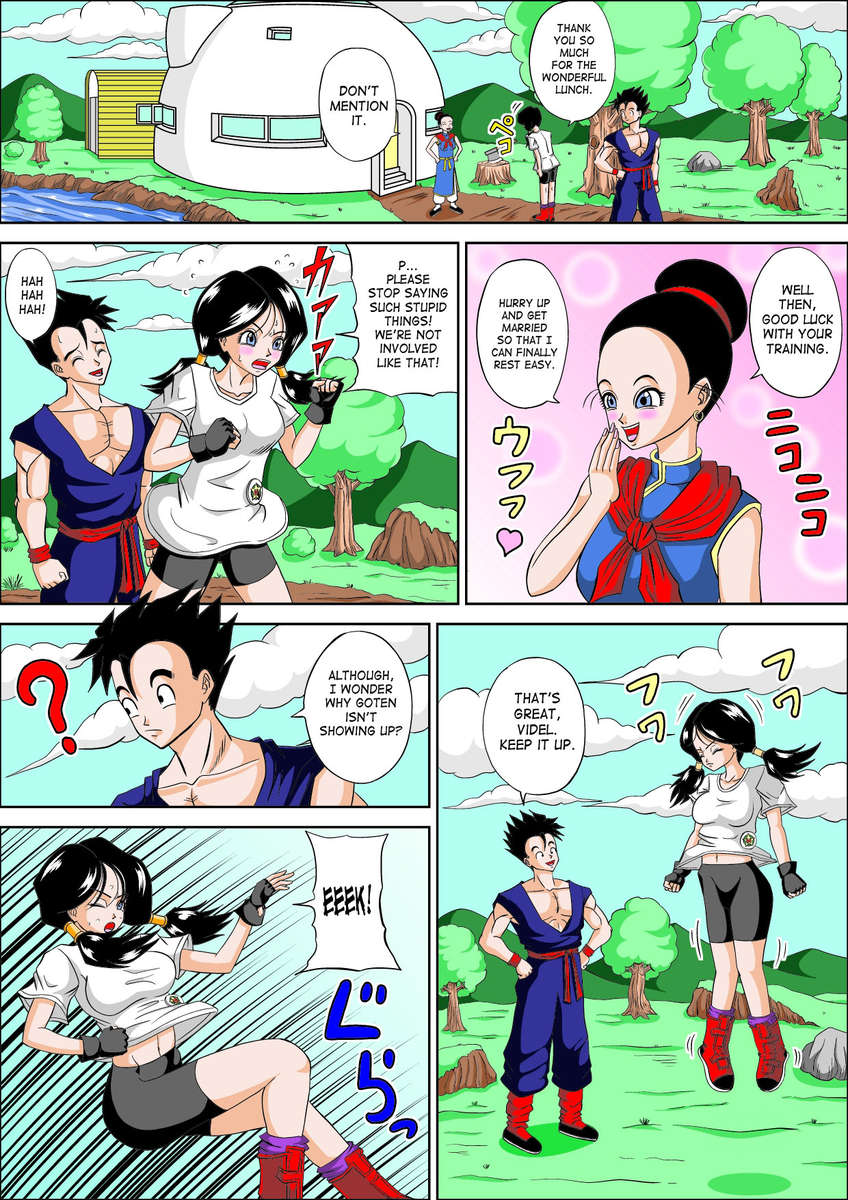 1boy 2girls black_hair blue_eyes blush breasts chichi chinese_clothes clothed clothes clothing comic day dialogue dragon_ball_z dress embarrassed english_text female fingerless_gloves happy japanese_text laughing looking_at_another male navel onomatopoeia outside pants_pull pectorals saha shirt shirt_lift shorts smile son_gohan speech_bubble tagme text tongue tongue_out tree videl
