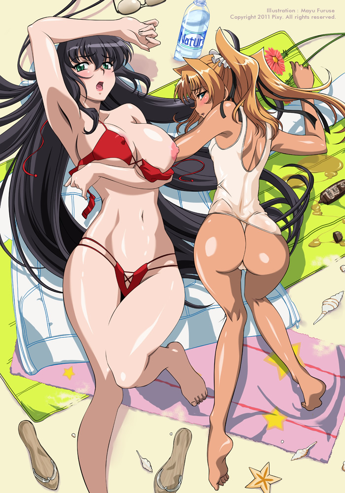 2girls areola_slip areolae arm_up armpits ass back bare_legs bare_shoulders barefoot beach bikini black_hair blonde_hair blue_eyes blush bottle breast_hold breasts collarbone dark_skin embarrassed erect_nipples feet female fingernails flower furuse_mayu futaba_lili_ramses glasses glasses_removed green_eyes hair hair_between_eyes hair_ribbon hips kneeling kneepits large_breasts legs long_hair long_image looking_at_viewer looking_back lotion lying midriff morino_yuuko multiple_girls navel nipples official_art on_back one-piece_swimsuit open_mouth outdoors profile puddle red_bikini ribbon sand sandals school_swimsuit see-through shadow shiny shiny_hair shiny_skin shoes_removed skindentation skinny soles spilling star star_print starfish sunglasses sunscreen swimsuit tall_image tentacle_and_witches thighs thong toes towel transparent twintails untied very_long_hair wardrobe_malfunction water_bottle white_school_swimsuit white_swimsuit