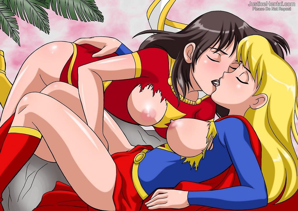 2_girls blonde_hair blush boots breasts brown_hair brunette cape closed_eyes dc_comics female_only fingering girl_on_top hair hand_on_ass hand_on_butt justicehentai.com kissing long_hair mary_marvel multiple_girls nipples one_breast_out plant skirt supergirl superman_(series) teen torn_clothes yuri