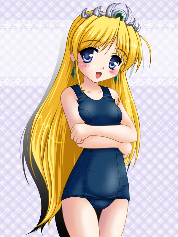 1girl art blonde_hair blue_eyes blush crown earrings female high_res jewelry leticia_apple leticia_la_mew_symphonia long_hair looking_at_viewer neopure one-piece_swimsuit princess_holiday school_swimsuit smile solo swimsuit
