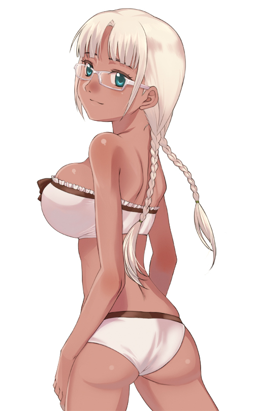 1_girl aqua_eyes arm art ass babe back bakushiishi_at bare_arms bare_back bare_legs bare_shoulders big_breasts bikini blonde_hair blue_eyes braid breasts dark_skin female glasses high_res highres large_breasts legs long_hair looking_at_viewer looking_back midriff neck original sideboob simple_background smile solo strapless strapless_bikini strapless_swimsuit swimsuit twin_braids white_background white_hair