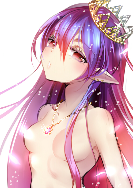 1girl breasts convenient_censoring crown earrings hair_censor jewelry long_hair mvv necklace nude original pointy_ears purple_hair red_eyes solo upper_body