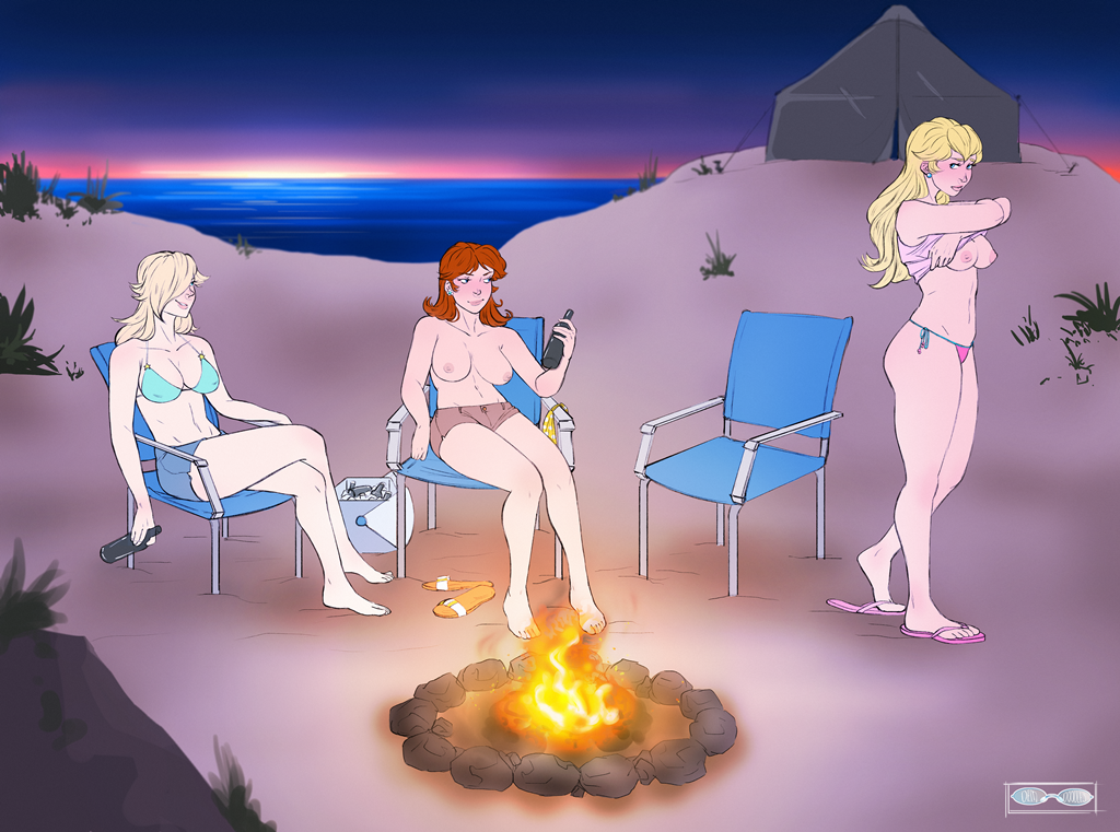 3girls beach bikini breasts campfire chair cooler demdoodles hair_over_one_eye multiple_girls nintendo nipple ocean princess_daisy princess_peach rosalina sandals shorts super_mario_bros. tent topless undressing