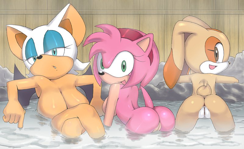 3girls amy_rose apostle_(artist) ass breasts cream_the_rabbit eyelashes looking_at_viewer multiple_girls multiple_tails pussy rouge_the_bat sonic_(series) tail