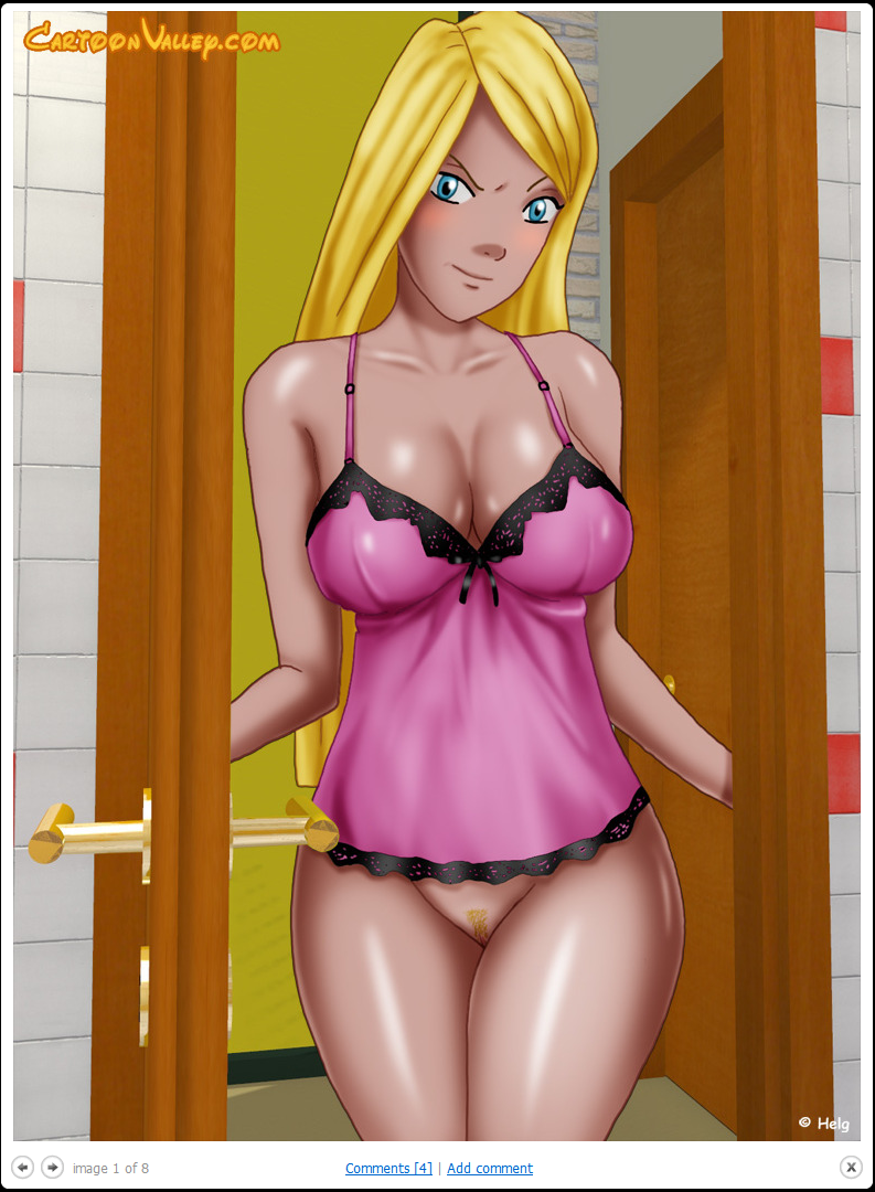 1girl blonde blonde_hair blue_eyes bottomless cartoonvalley.com cornelia_hale female female_human female_only helg_(artist) human indoors long_hair looking_at_viewer nightgown nightie no_panties partially_clothed pubic_hair standing w.i.t.c.h.