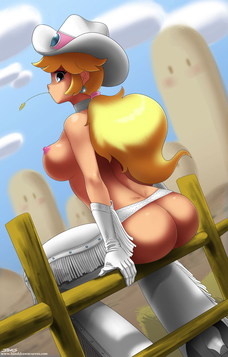 1girl areola areolae ass ass_cutout big_breasts blonde blonde_hair blue_eyes breasts chaps cowboy_hat dat_ass female from_behind hat hay high_resolution john_joseco large_breasts long_hair looking_at_viewer looking_back mouth_hold nintendo nipples outside ponytail pose princess_peach sideboob sitting solo super_mario_bros. tied_hair