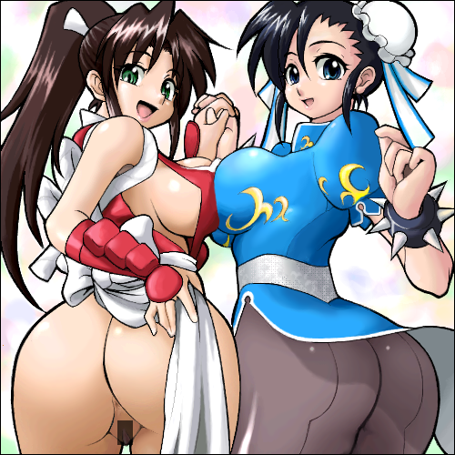 2girls anus ass big_ass black_hair blue_eyes bosom_buddies breast_press breasts brown_hair bun_cover capcom capcom_vs_snk censored china_dress chinadress chinese_clothes chun-li curvy cute double_bun double_buns dress fatal_fury green_eyes hair hand_holding hips holding_hands huge_ass huge_breasts king_of_fighters large_breasts lowres mai_shiranui multiple_girls no_panties pantyhose pelvic_curtain pussy shiranui_mai sideboob snk street_fighter symmetrical_docking the_king_of_fighters wide_hips