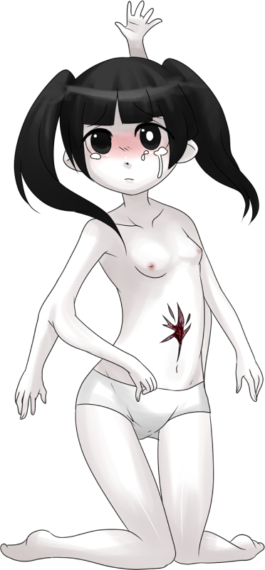 1girl black_eyes black_hair blush extra_arms flat_chest messier_number monochrome monoko monster_girl pale_skin panties ponytails simple_background solo stomach_wound tears twintails underwear what white_background white_skin yume_nikki