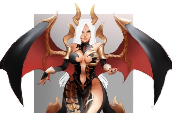 bare_breasts bare_shoulders bare_thighs barefoot breasts cheating_wife cleavage cleavage_cutout demon_girl milf pussy_peek slit_dress succubus yvee_(yan_the_moonchild)
