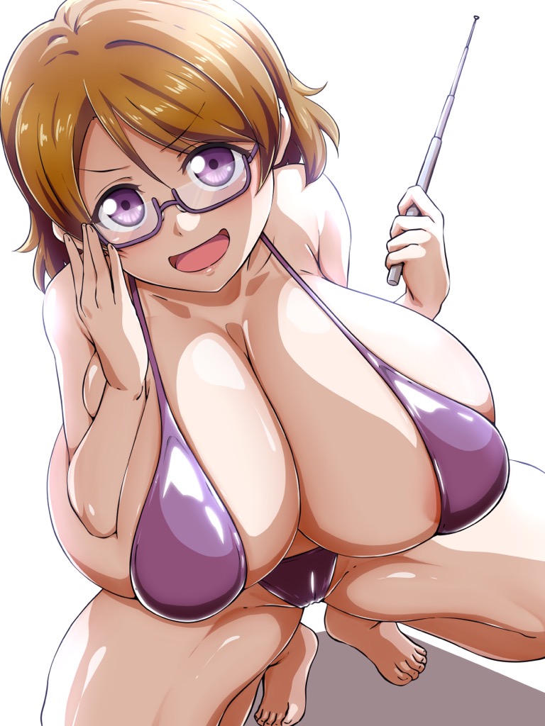 1girl alternate_breast_size artist_name artist_request bare_thighs barefoot bikini breasts brown_hair clavicle cleavage female_focus from_above glasses high_res huge_breasts koizumi_hanayo looking_at_viewer love_live! love_live!_school_idol_project open_mouth pointer purple-framed_eyewear purple_bikini purple_eyes semi-rimless_eyewear short_hair simple_background smile solo squatting swimsuit thighs toes tongue white_background