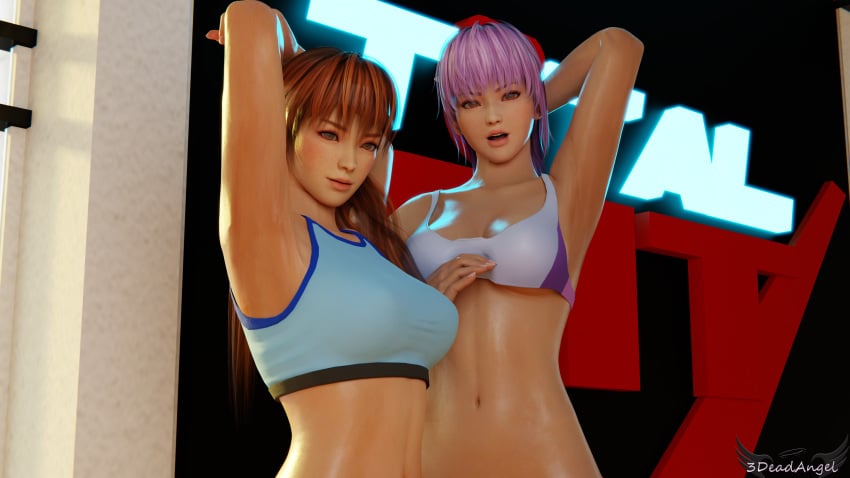 1girl 2_girls 3d alluring arm_behind_head arms_behind_head ayane ayane_(doa) big_breasts cleavage dead_or_alive dead_or_alive_2 dead_or_alive_3 dead_or_alive_4 dead_or_alive_5 dead_or_alive_6 dead_or_alive_xtreme_beach_volleyball female_only kasumi kasumi_(doa) looking_at_viewer orange_hair ponytail pose posing purple_hair red_eyes sensual silf silfs sisters smile sports_bra sportswear tecmo