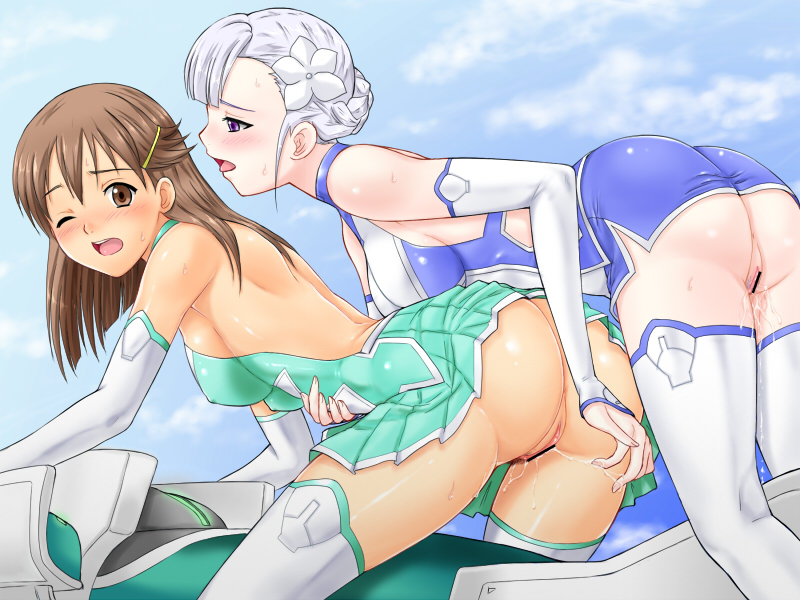 2girls art ass babe bent_over blush brown_eyes brown_hair censored erect_nipples fin_e_ld_si_laffinty fingering friends hair high_res kyouno_madoka moaning multiple_girls mutual_yuri no_panties one_eye_closed outside purple_eyes pussy pussy_juice pussy_juice_trail rinne_no_lagrange sexual_harassment short_hair silver_hair sweat tsuwabuki-san wink yuri