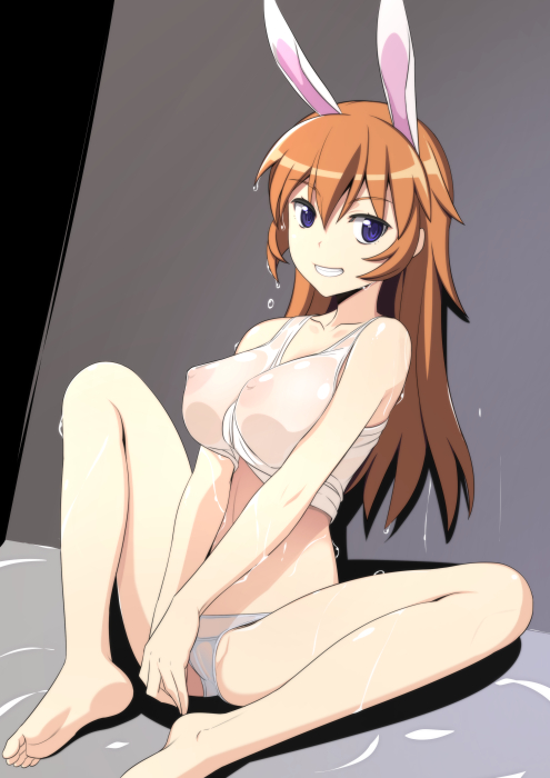 1girl animal_ears barefoot big_breasts blue_eyes breasts bunny_ears caryo charlotte_e_yeager clavicle collarbone crop_top extra_ears feet female grin large_breasts long_hair long_legs looking_at_viewer nanashino nipples orange_hair panties partially_visible_vulva see-through shirt sitting smile soles solo strike_witches underwear v_arms wet wet_clothes wet_shirt white_panties white_shirt