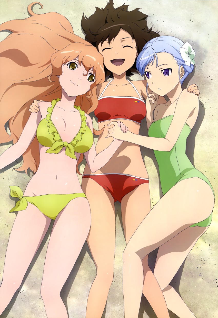 3_girls :d absurd_res art babe bare_legs bare_shoulders beach bikini blue_hair breasts brown_hair cleavage collarbone fin_e_ld_si_laffinty fingernails flower friends from_above front-tie_top girl_sandwich green_swimsuit group_hug hair_between_eyes hair_flower hair_ornament hand_holding high_res hugging kutsuzawa_youko kyouno_madoka legs long_hair love lying muginami multiple_girls mutual_yuri nyantype official_art on_back on_side one-piece_swimsuit open_mouth orange_hair purple_eyes red_bikini rinne_no_lagrange sand sandwiched scan short_hair side-tie_bikini smile swimsuit threesome yellow_bikini yellow_eyes yuri