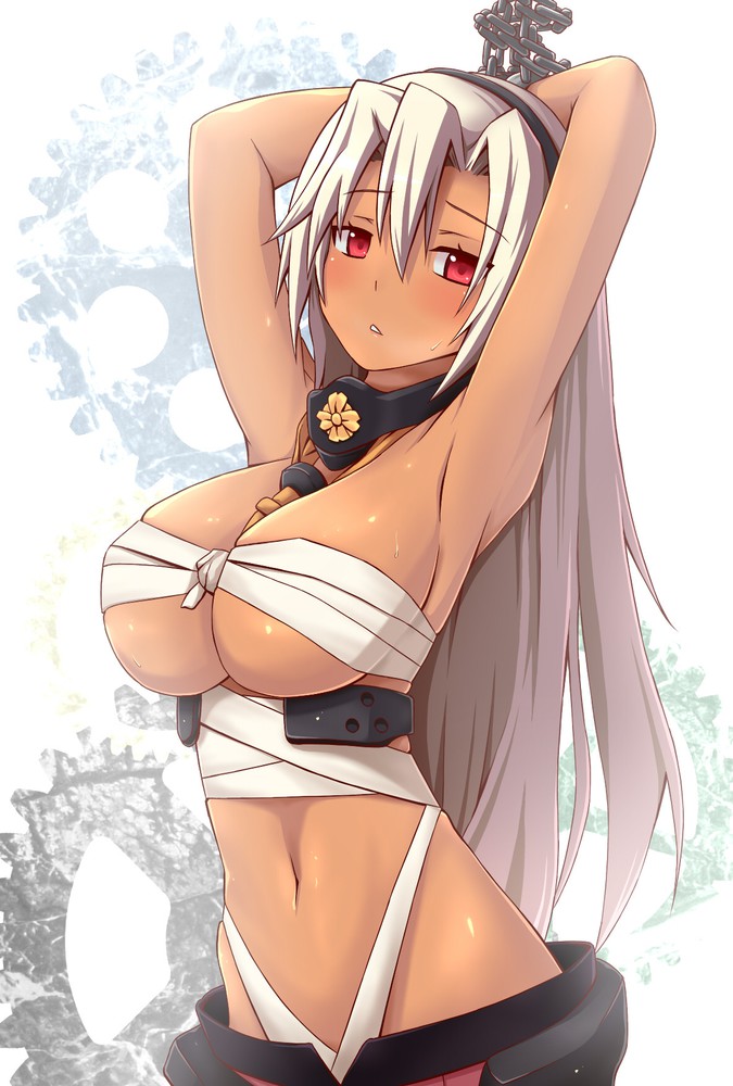 1girl alternative_hair_length alternative_hairstyle armpits arms_up bandages bdsm belly between_breasts big_breasts blush bondage bound_wrists breasts budget_sarashi chain chained_wrists curvaceous dark_skin dress gears grey_hair hair hair_down hairband high_resolution imperial_crest kantai_collection long_hair looking_at_viewer megane midriff musashi_(kantai_collection) navel no_glasses parted_lips pose red_eyes sarashi silver_hair sweatdrop tanned underboob white_hair