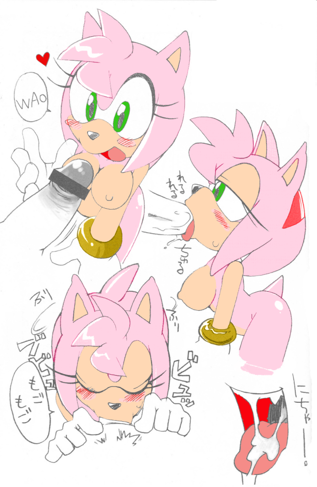 1girl amy_rose blush breasts cum cum_in_mouth fellatio green_eyes nipples oral penis pink_hair short_hair smile sonic_(series) tongue tongue_out
