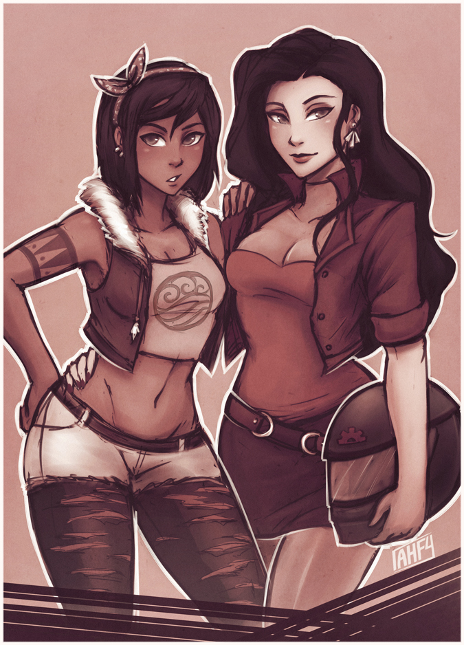 2_girls 2girls alternate_hair_length alternate_hairstyle artist_name asami_sato avatar:_the_last_airbender bangs belt big_ass black_hair blouse bob_cut breasts bubble_butt casual cleavage contrapposto couple crop_top cropped_jacket dark_skin denim denim_shorts earrings eyebrows eyeliner eyeshadow female_only fur_trim hair_ornament hairband hand_on_another's_shoulder hand_on_hip headwear_removed helmet helmet_removed hip_bones iahfy interracial jacket jewelry korra light_smile lips lipstick long_hair looking_at_viewer makeup midriff miniskirt motorcycle_helmet multiple_girls navel open_clothes open_jacket pantyhose parted_lips pencil_skirt print_shirt sepia shirt short_hair short_shorts short_sleeves shorts simple_background sketch skirt sleeveless standing swept_bangs tattoo the_legend_of_korra thick_thighs thighs torn_clothes torn_legwear torn_pantyhose vest wide_hips yuri