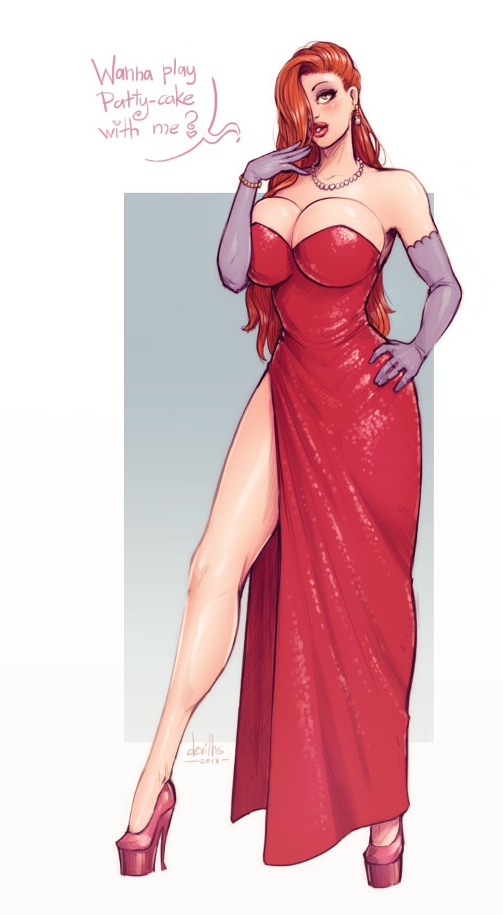 1girl 2018 big_breasts clothed_female devil_hs disney dress elbow_gloves female_focus female_only hair_over_one_eye high_heels jessica_rabbit long_hair mature mature_female solo_female solo_focus toon_character who_framed_roger_rabbit