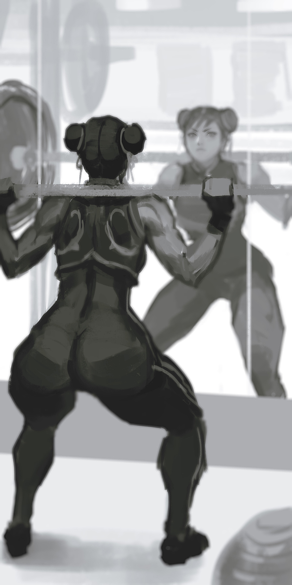 1girl ass barbell big_ass bodysuit bubble_butt chun-li double_bun exercise hair_ribbon highres mirror morganagod ribbon short_hair sleeveless solo squatting street_fighter street_fighter_zero thick_thighs thighs victor_bang weightlifting weights wide_hips
