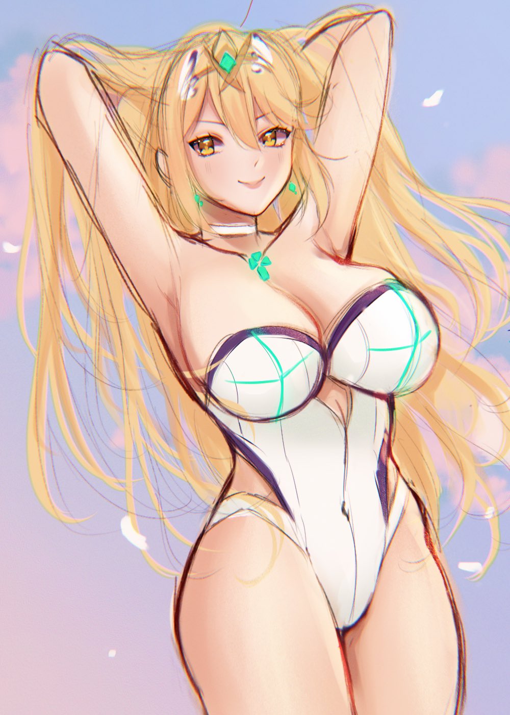 1girl 2021 alluring arms_behind_head big_breasts blonde_hair breasts chest_jewel choker cleavage collarbone core_crystal ear_piercing earring earrings feathers female_focus female_only glowing goddess golden_eyes grin hair hair_feathers hair_ornament hair_ribbon high_res hikari_(xenoblade_2) huge_breasts jewelry lips long_hair looking_at_viewer messy_hair mythra one-piece_swimsuit simple_background small_nose smile smiling_at_viewer smooth_skin solo_focus standing swimsuit thick_thighs thigh_strap thighs tiara very_long_hair voluptuous white_swimsuit xenoblade_(series) xenoblade_chronicles_2 yellow_eyes yellow_hair