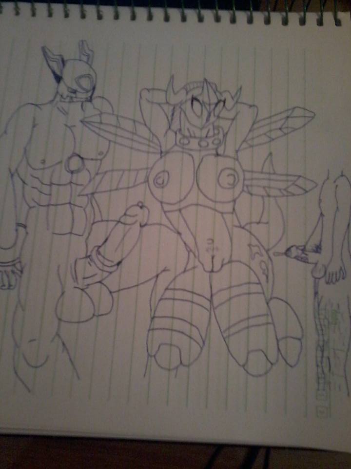 1girl 2boys alphamon ass big_ass big_breasts big_penis big_testicles breasts cum_on_ass digimon dinobeemon draw drawing erect_nipples handjob human humanoid_penis insect male masturbate multiple_boys penis pose pussy raised_tail reptile tail testicles thick_thighs voluptuous wings