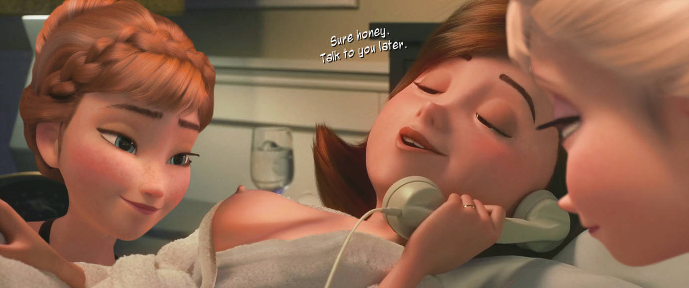 3d 3girls anna_(frozen) breasts closed_eyes crossover disney elsa erect_nipples female_only frozen_(movie) helen_parr imminent_orgy imminent_sex nipples one_breast_out pixar telephone the_incredibles yuri