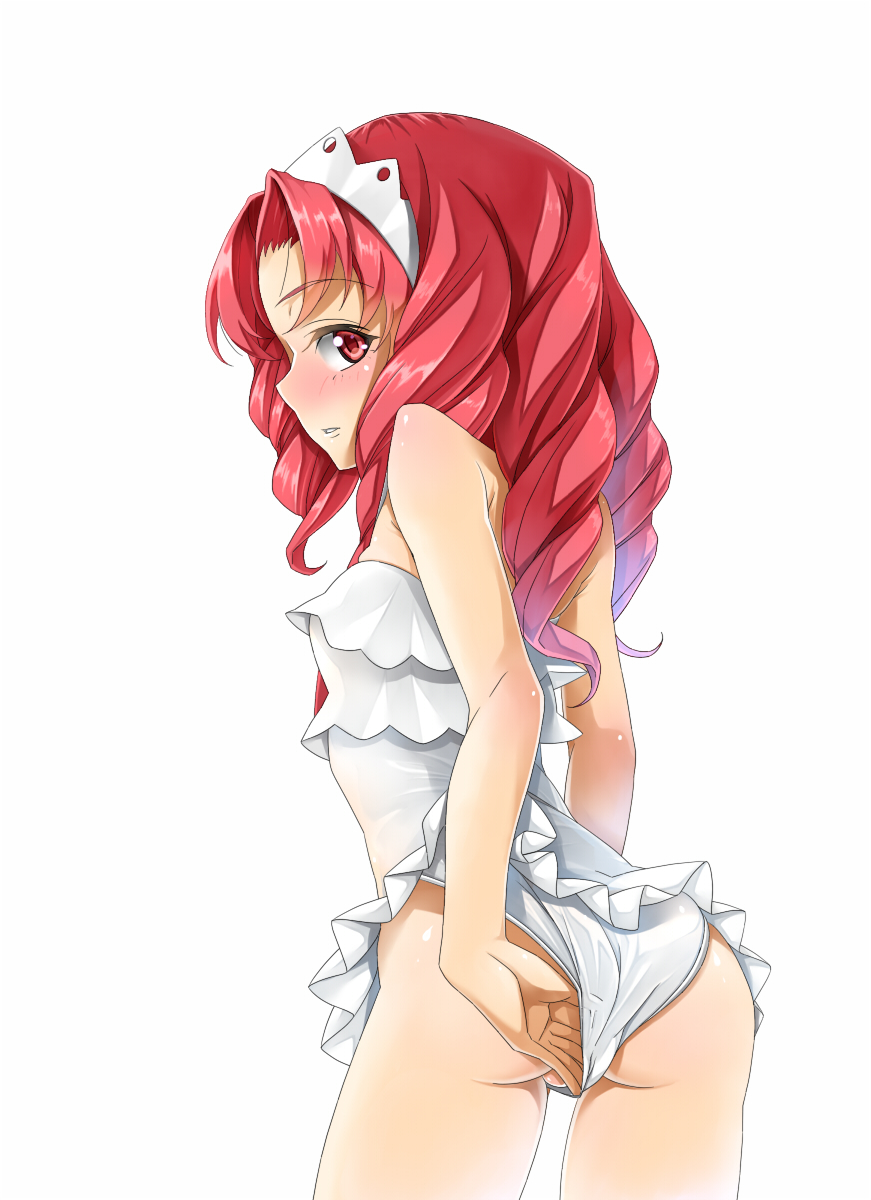 1girl akagi_towa ass casual_one-piece_swimsuit flat_ass go!_princess_precure highres long_hair one-piece_swimsuit partially_visible_vulva precure red_eyes red_hair solo swimsuit taiyaki_a white_background