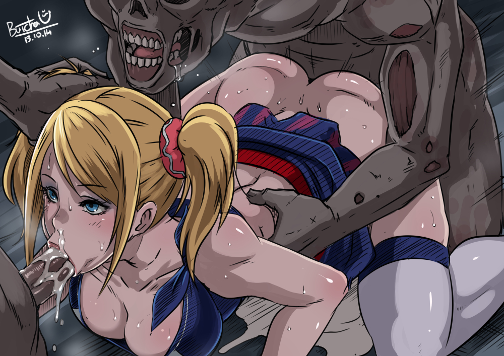 1girl 2boys :&gt;= ass blonde_hair blue_eyes bottomless breasts butcha-u cheerleader cleavage clothed_female_nude_male cum cum_in_mouth cum_in_nose cum_pool doggystyle eroquis fellatio hair_grab hetero juliet_starling large_breasts lips lollipop_chainsaw microskirt midriff multiple_boys nude oral overflow rape scrunchie sex skirt solo_focus spitroast sweat thighhighs twintails uncensored zombie