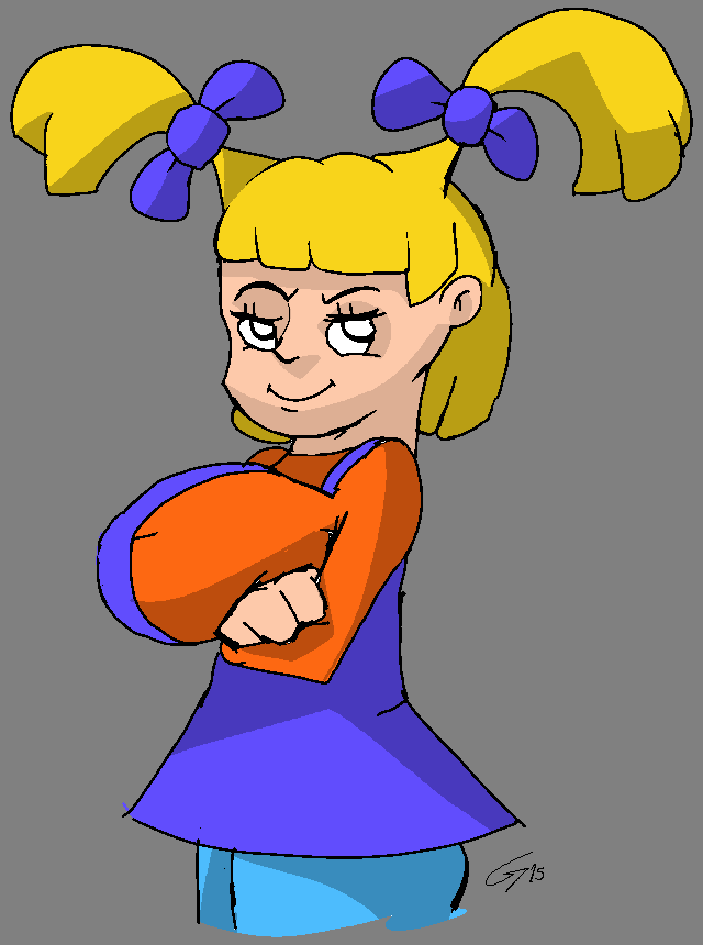 angelica_pickles artist_request blonde_hair breast_support breasts crossed_arms dress grey_background hair hair_bow large_breasts long_sleeves raised_eyebrow rugrats simple_background twintails