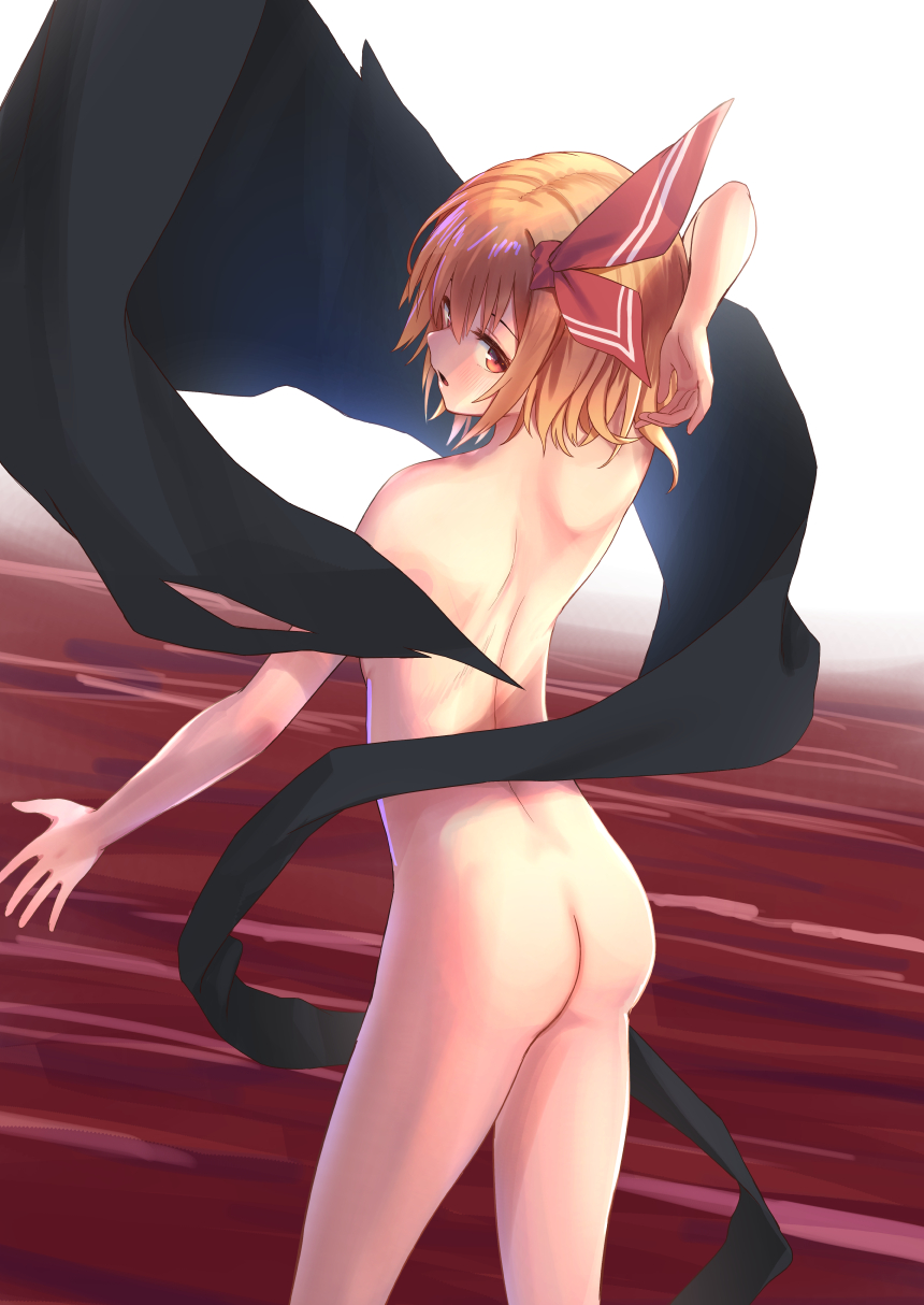 1girl 1girl 1girl arm_behind_head ass back bangs blonde_hair completely_nude from_behind hair_between_eyes hair_ornament hair_ribbon high_resolution looking_at_viewer looking_back nude one_arm_up open_mouth red_eyes red_ribbon ribbon roke_(taikodon) rumia short_hair shoulder_blades touhou_project