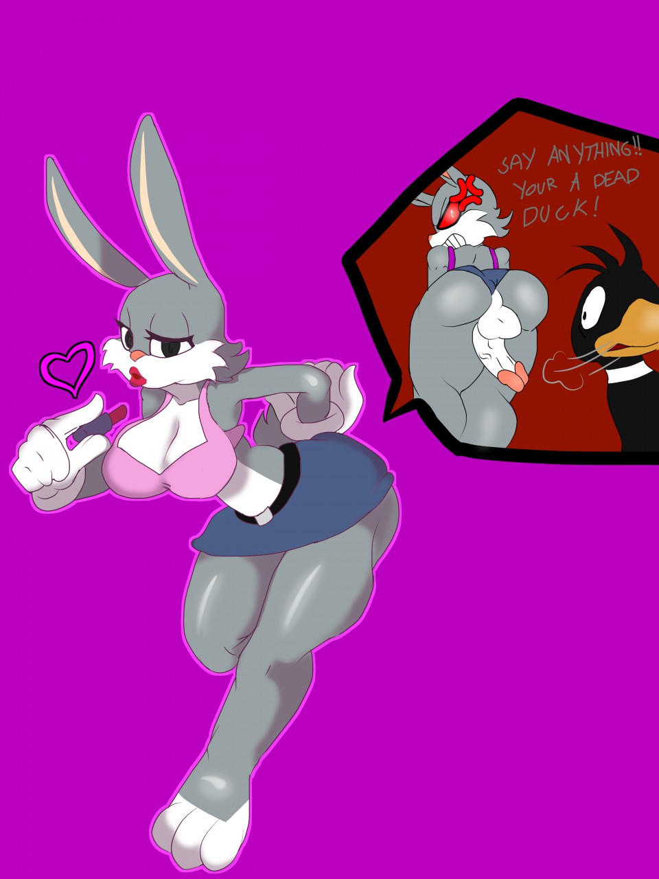 2015 anthro ass avian big_breasts bird breasts bugs_bunny cleavage clothed clothing daffy_duck dickgirl duck erection furry intersex jaynatorburudragon lagomorph looney_tunes male mammal penis rabbit testicles warner_brothers